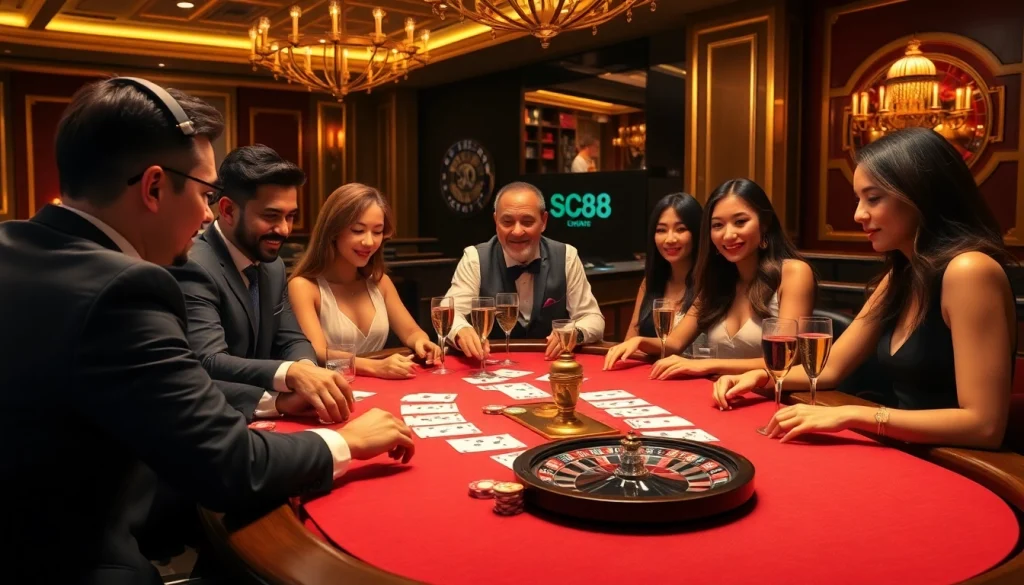 SC88 players strategizing at a vibrant casino table, surrounded by cards and chips.