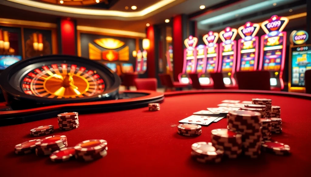 Exciting gaming experience at Go99 with illuminated slots and vibrant poker games.