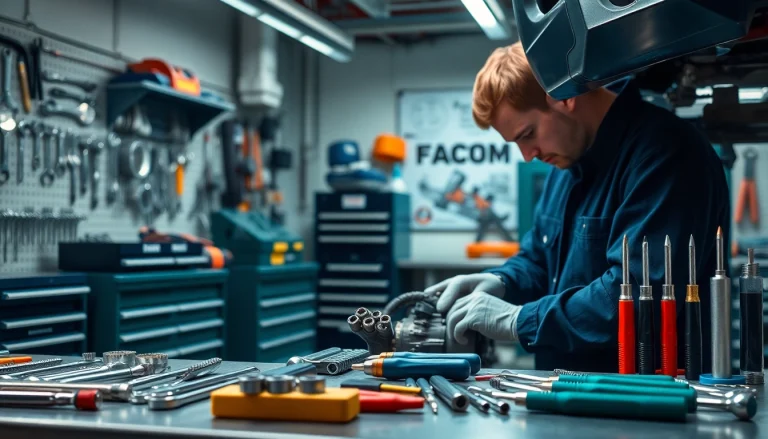 Vorstellung von Facom Werkzeugen in einer professionellen Werkstatt, die Qualität und Handwerkskunst betont.