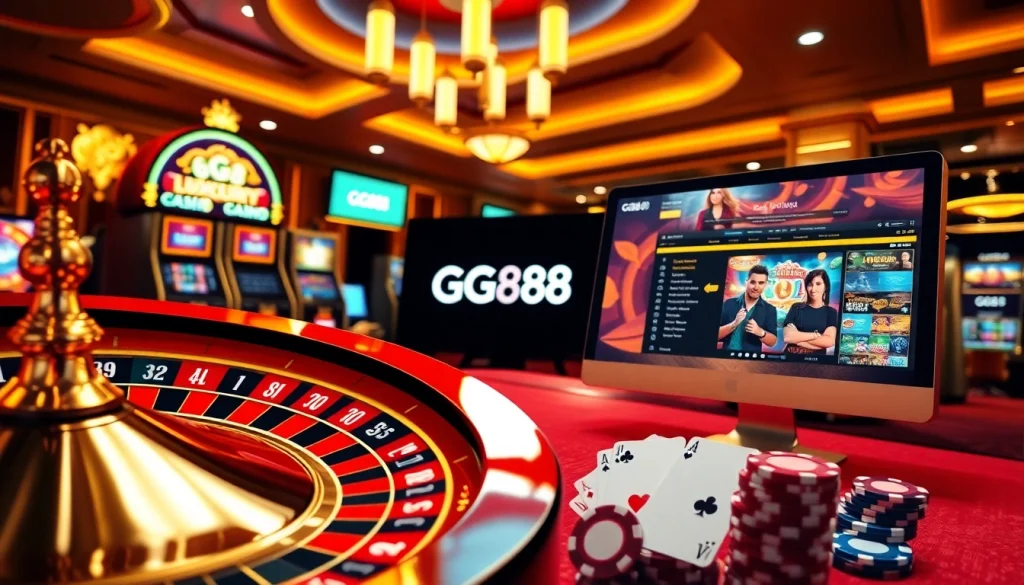Experience GG88 in a vibrant online casino scene with roulette and slot machines.