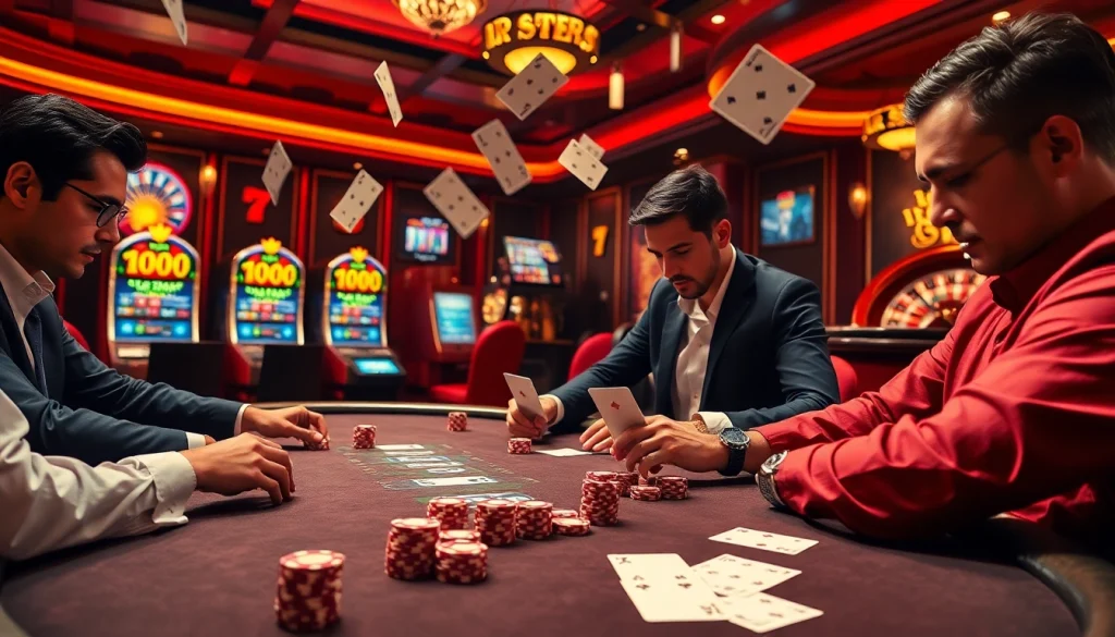 Players strategizing at a poker table in a lively casino scene featuring CM88 elements.