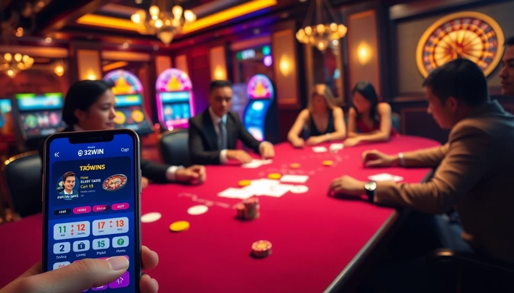 Tải app 32WIN on a luxurious poker table amid an exciting casino atmosphere with colorful gaming elements.