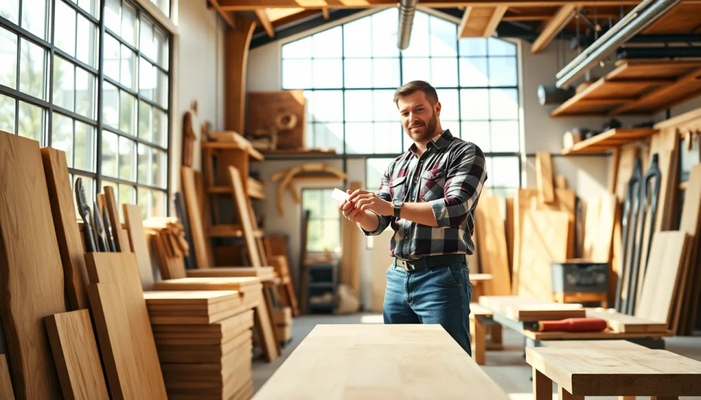 Carpenter measuring wood in a bright workshop filled with tools and materials.