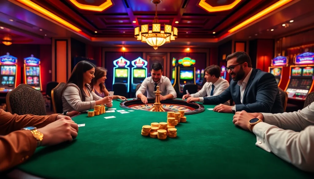 Players engaged in a thrilling poker game at XX88 COM casino, showcasing excitement and luxury.