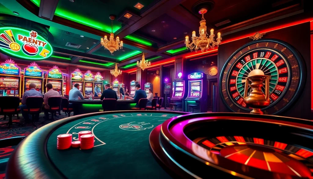 Nohu90 casino atmosphere with poker tables, vibrant slot machines, and roulette wheel showcasing excitement.