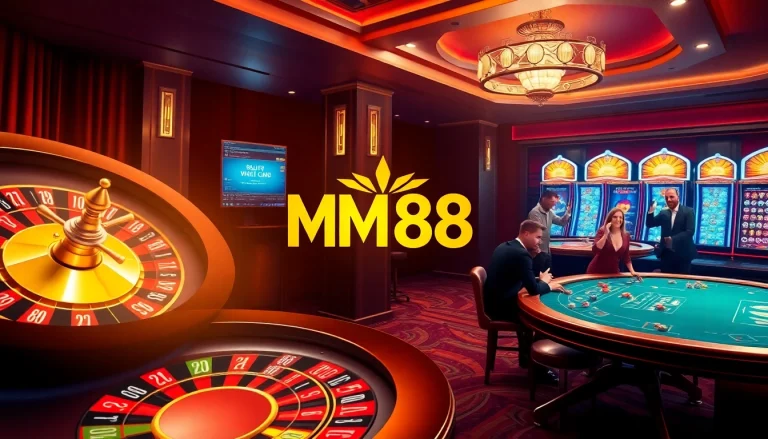 Experience the thrill of gambling with MM88's vibrant casino scene featuring roulette and poker tables.