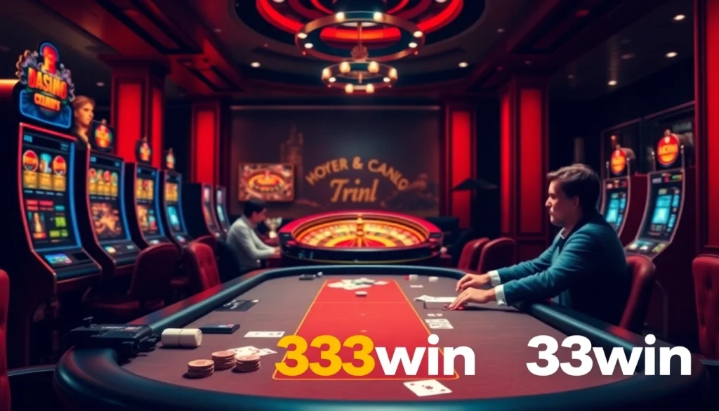 Experience 33win's vibrant casino atmosphere with poker tables and colorful slot machines.