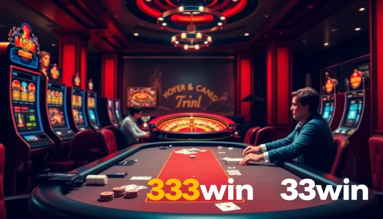 Experience 33win's vibrant casino atmosphere with poker tables and colorful slot machines.