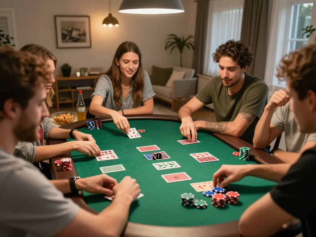 Friends enjoying a poker night at home with excitement, cloud-africa gaming experience highlighted.