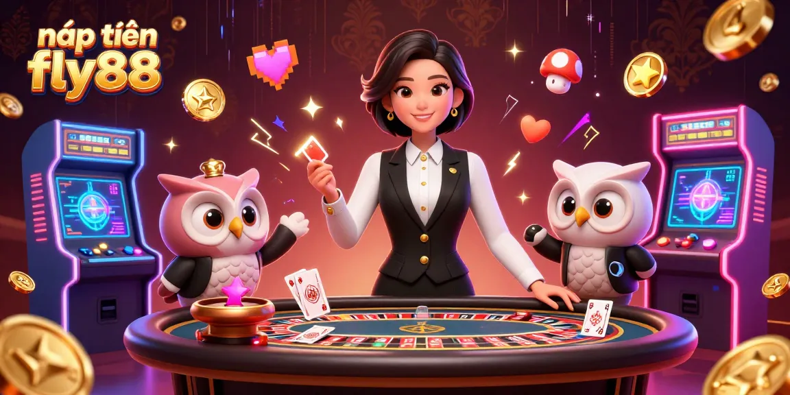 Experience nạp tiền fly88 in this vibrant 3D casino illustration featuring dealers, games, and glowing elements.