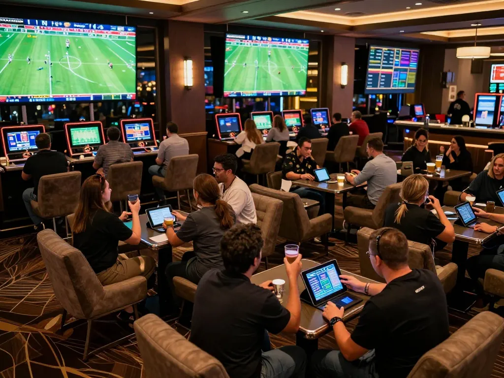 Football betting excitement in a casino, fans cheering while wagering on live matches.