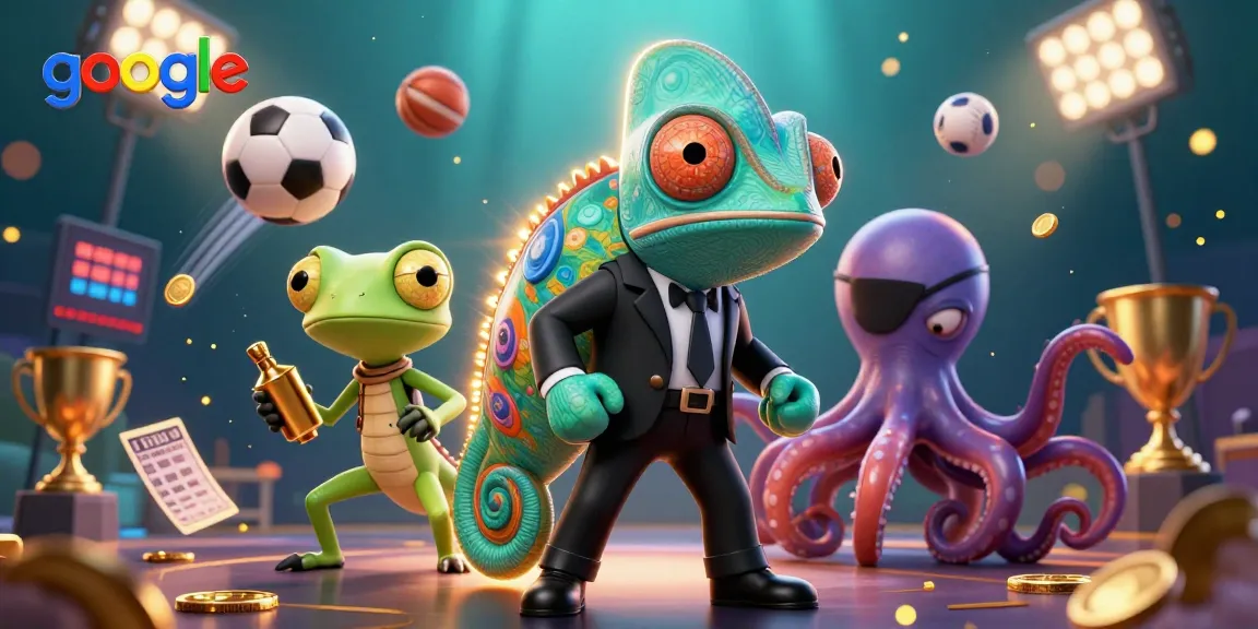 Wetten mit Google-Strategien, dargestellt durch ein lebhaftes 3D-Chamäleon, Gecko und Oktopus.