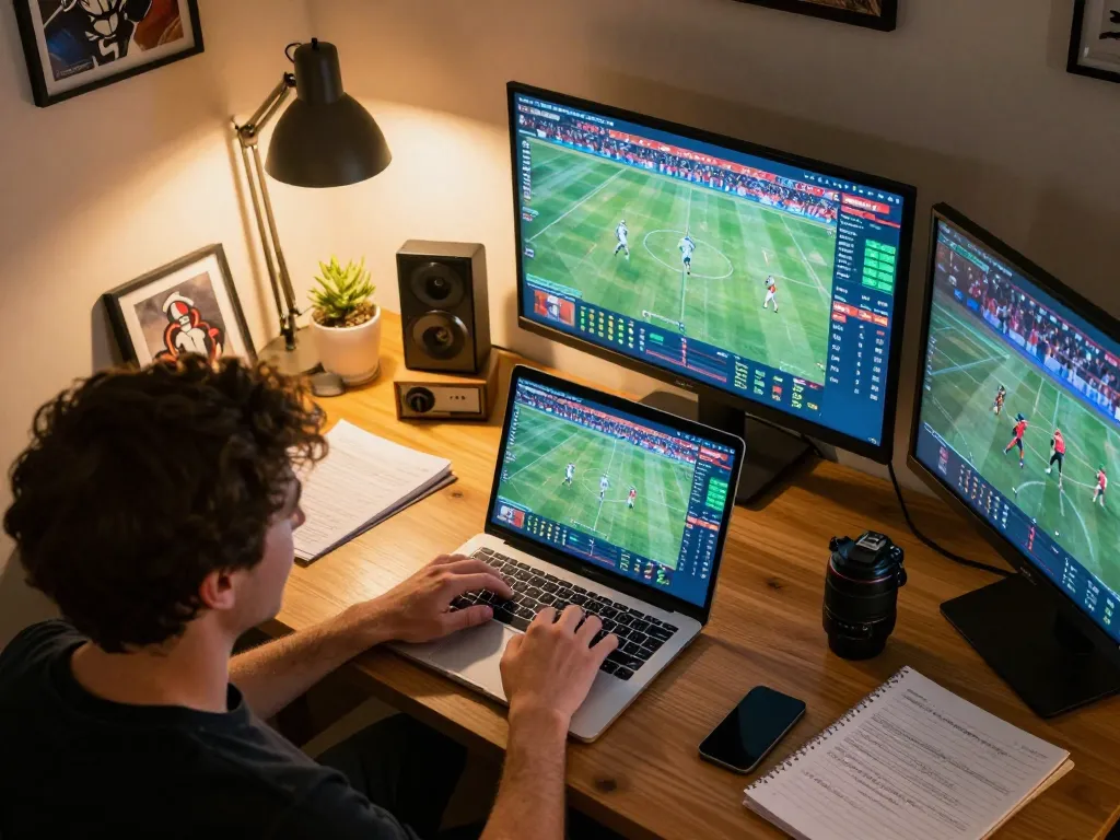 A person strategizing sports bets on 88xx from home, with multiple screens showing live events