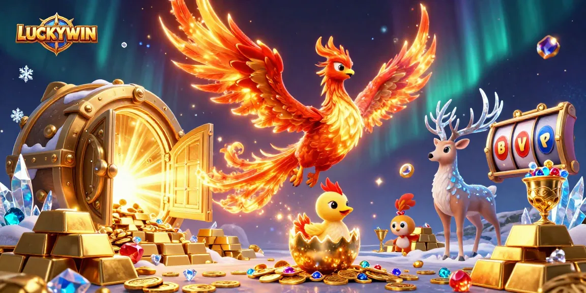 LUCKYWIN energizes players in a vibrant casino scene with gold treasures and dynamic gaming elements.