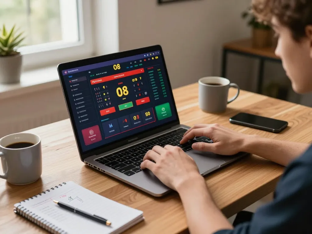 Engaging online gaming scene with laptop showing o8net3 betting interface, highlighting strategic gameplay.
