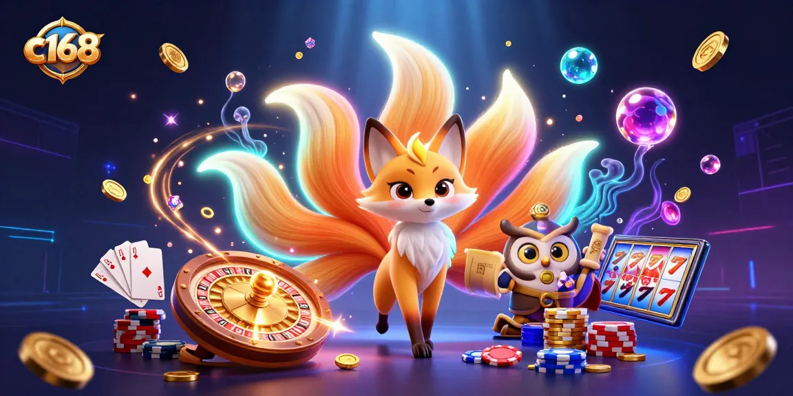 Experience thrilling gaming adventures with C168 featuring a colorful fox spirit and casino elements.