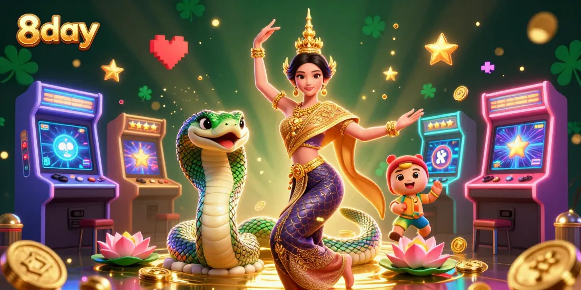 Engage in exciting gameplay with 8day's vibrant casino scene featuring a Thai dancer and Naga serpent.