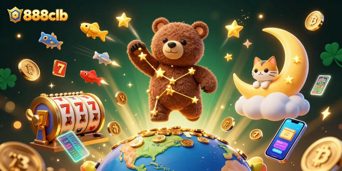 Experience the excitement of 888clb with a vibrant casino illustration featuring constellations and slot games.