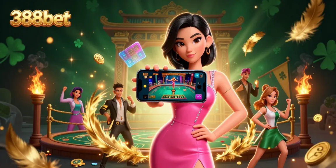 Join 388bet's thrilling casino experience with a vibrant digital illustration showcasing a confident woman engaged in live gaming.