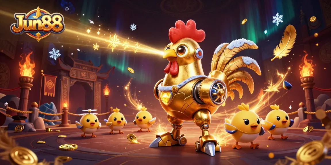 Jun88's dynamic gaming scene depicts a golden rooster robot and baby chicks in an animated casino atmosphere.