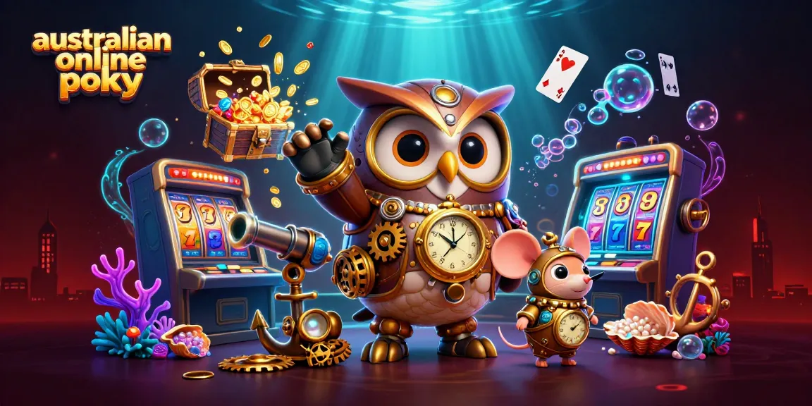 A vibrant scene of a steampunk owl amidst Australian online pokies, slot machines, and surrounded by underwater treasures.