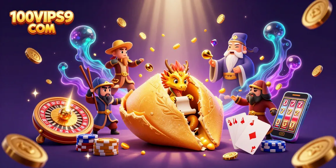 Experience dazzling wins at 100VIPS9 COM with a vibrant scene of fortune cookies and gaming treasures.