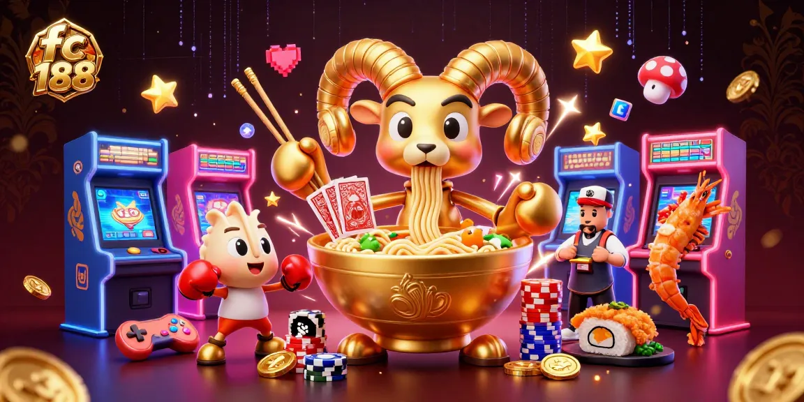 Play at fc 188 with a vibrant 3D illustration featuring a golden ramen bowl dealer and colorful game elements.