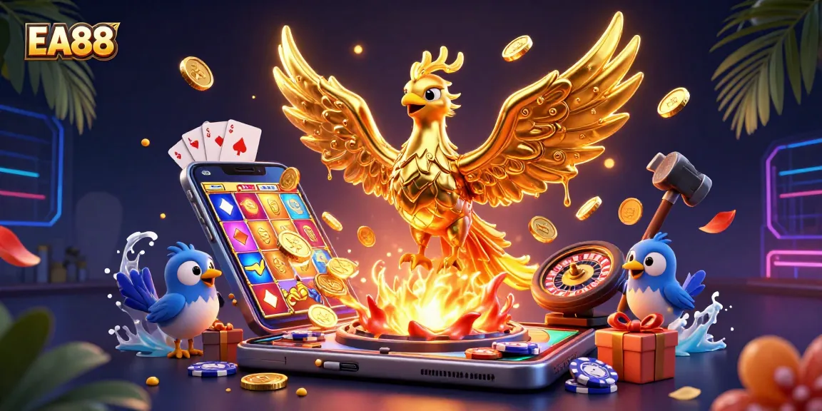 Experience the thrill of EA88 with golden phoenix and dynamic casino elements capturing vibrant gameplay moments.