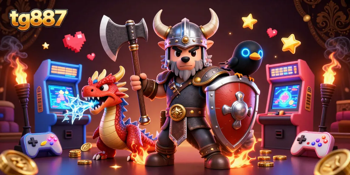 Launch into the exciting gameplay of tg887 with a dynamic scene featuring a heroic Viking wolf and fiery dragon amidst vibrant arcade elements.