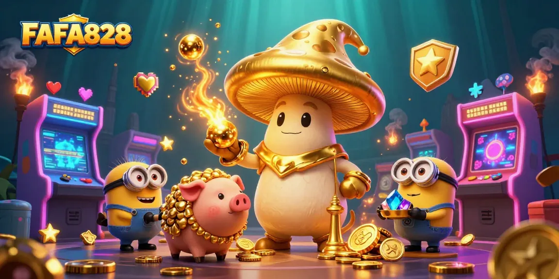 FAFA828 features a magical golden mushroom wizard in a vibrant casino scene filled with treasures.